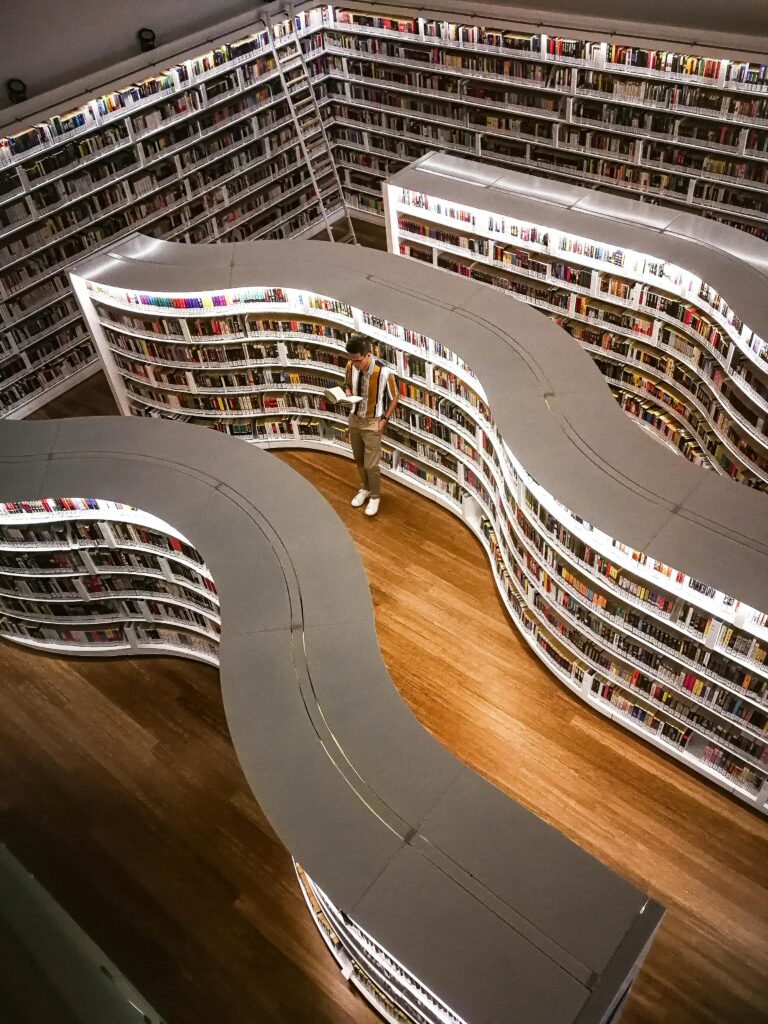 A modern library interior featuring unique curved bookshelves viewed from above, with a man reading.